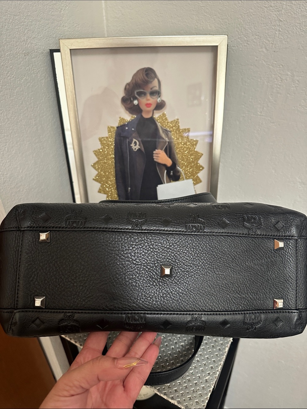 MCM Signature Monogrammed Black Leather Handbag - Picture 7 of 8